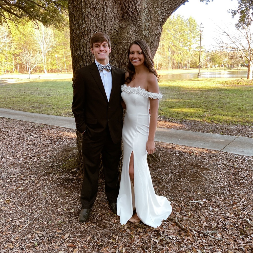 Faviana white off the shoulder gown